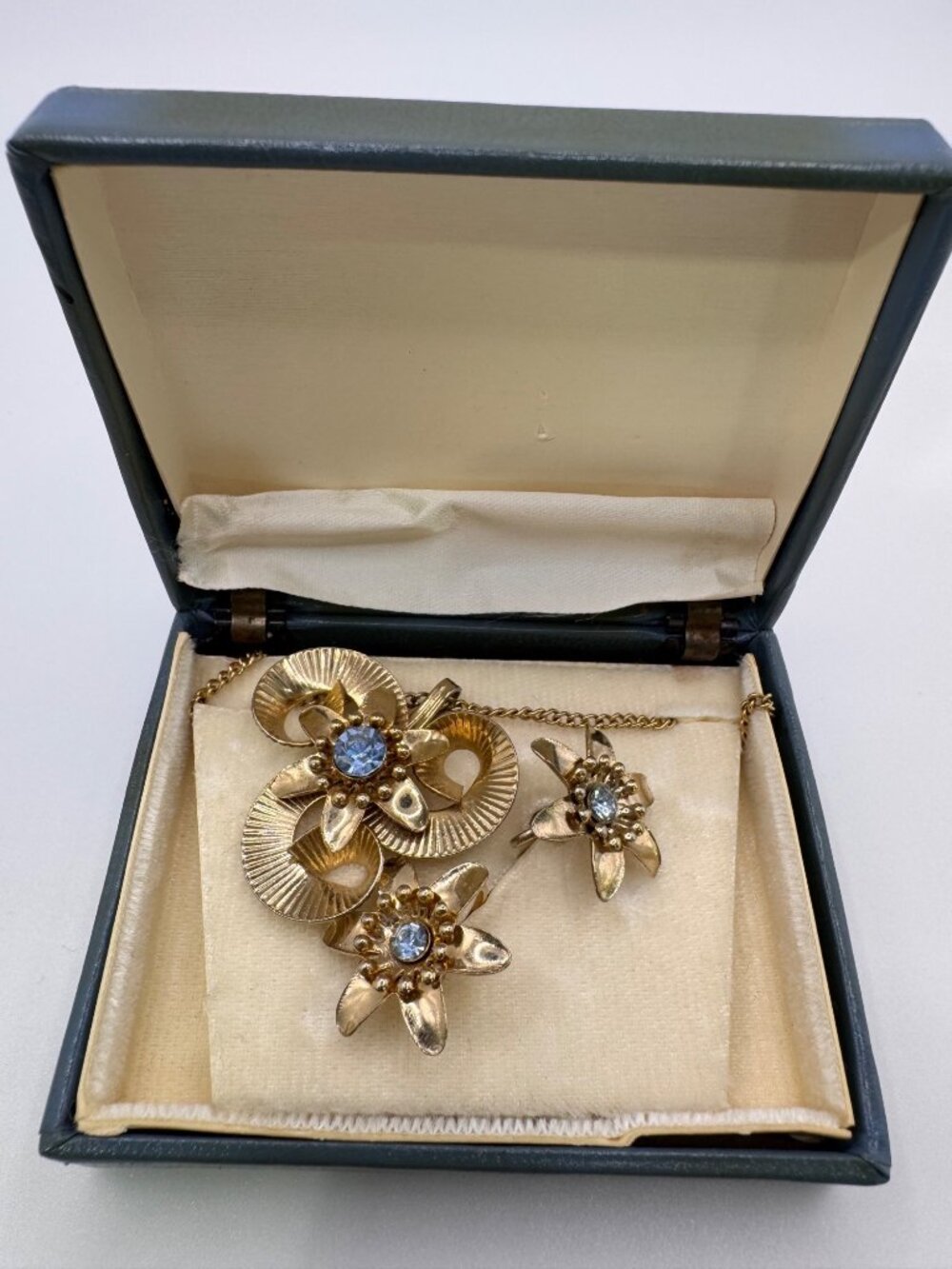 Vintage Gold Tone Floral Necklace Earrings Set Blue Rhinestone Original Boxed